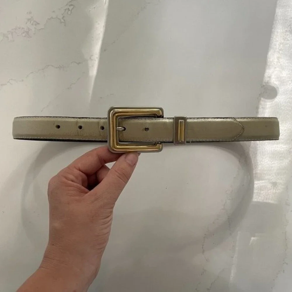 Vintage Creamy Metallic Leather Belt Mixed Metals Gold Silver Buckle - Small